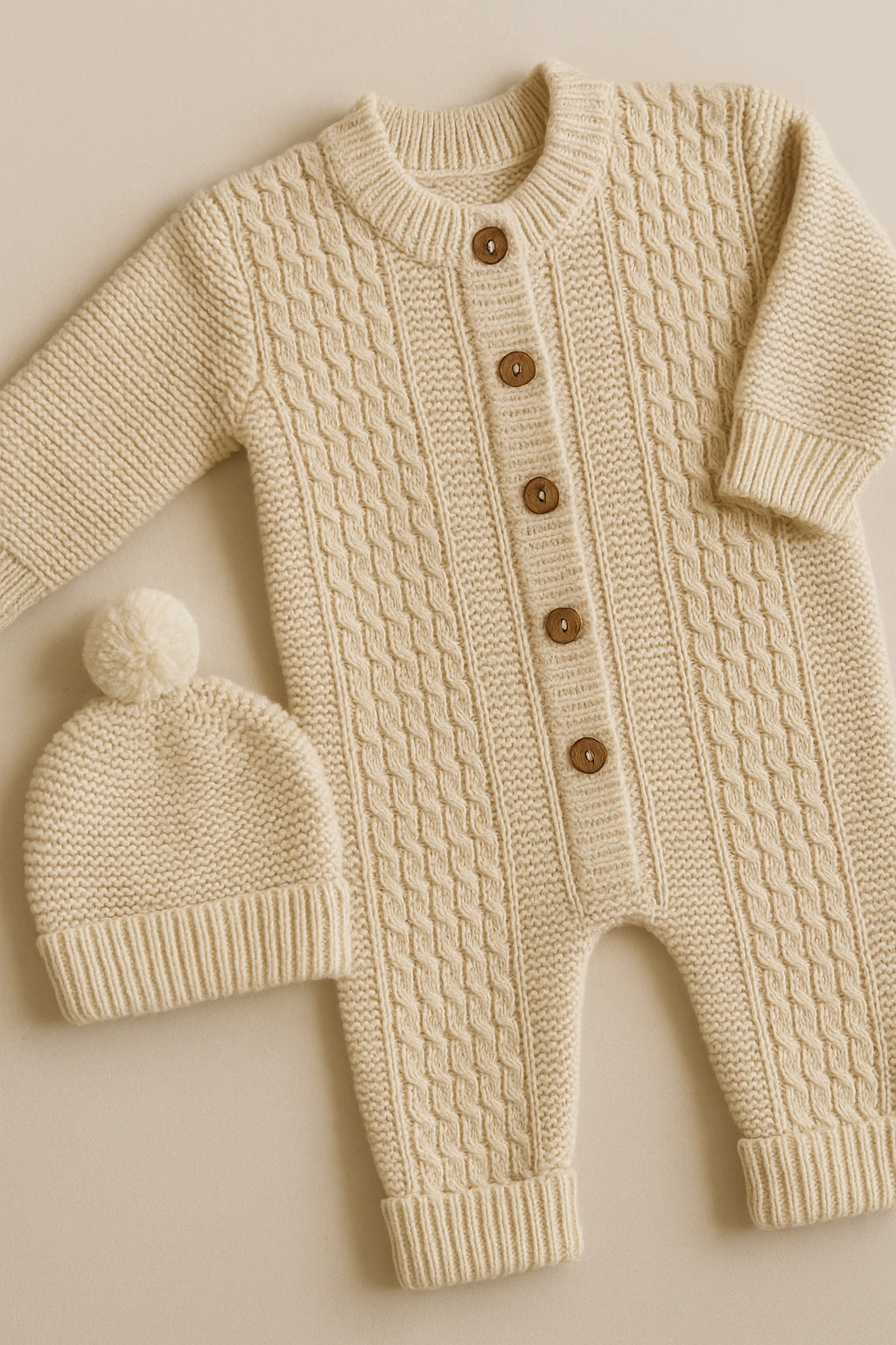 Bej Örgü Triko Bebek Seti – El Örgüsü Görünümlü Tulum & Ponponlu Şapka (2’li Set)