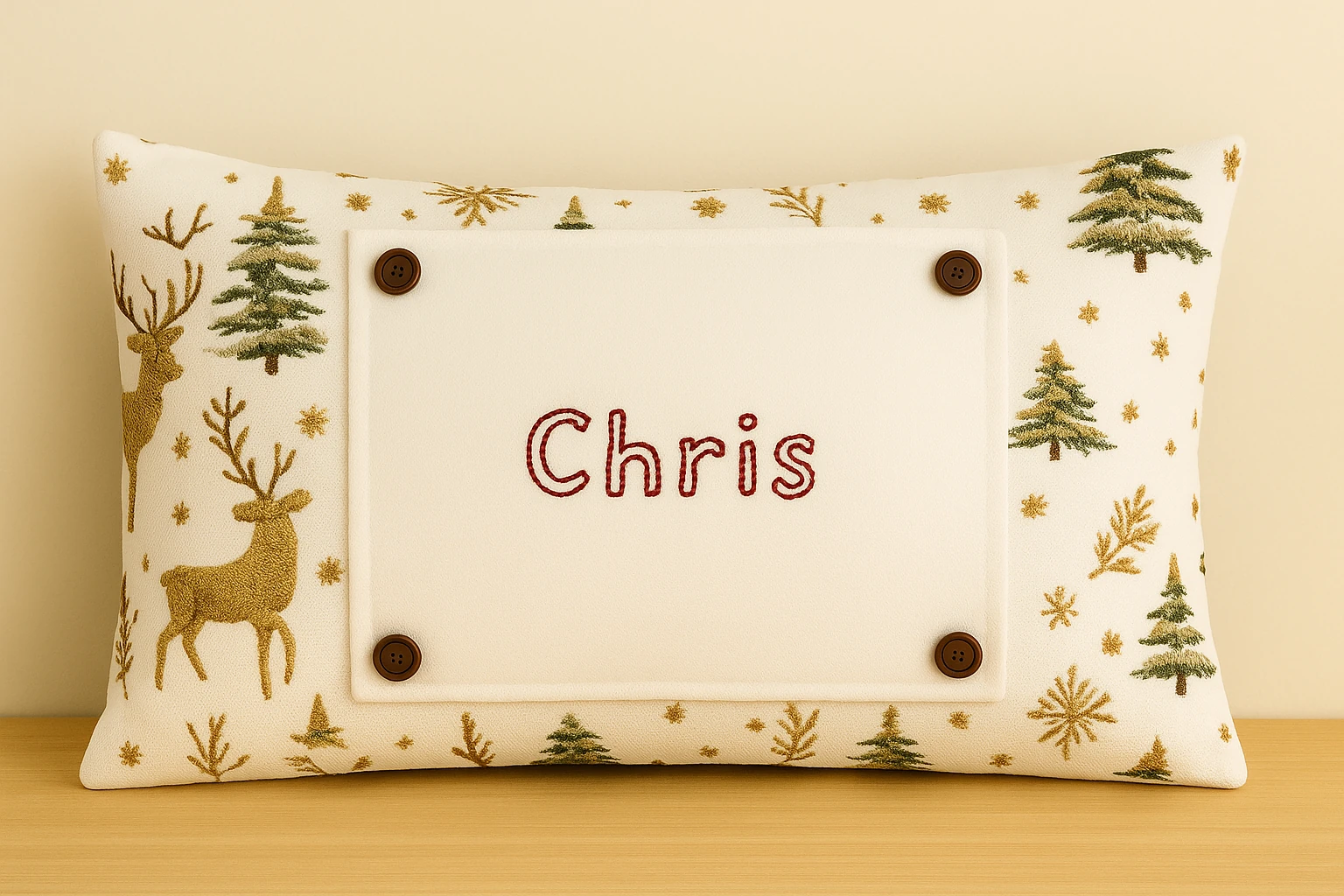 Kişiye Özel Nakışlı Noel Yastık Kılıfı – Çocuk Çizimi veya Yazı ile – Düğmeli Değiştirilebilir Panel - Ren Geyiği