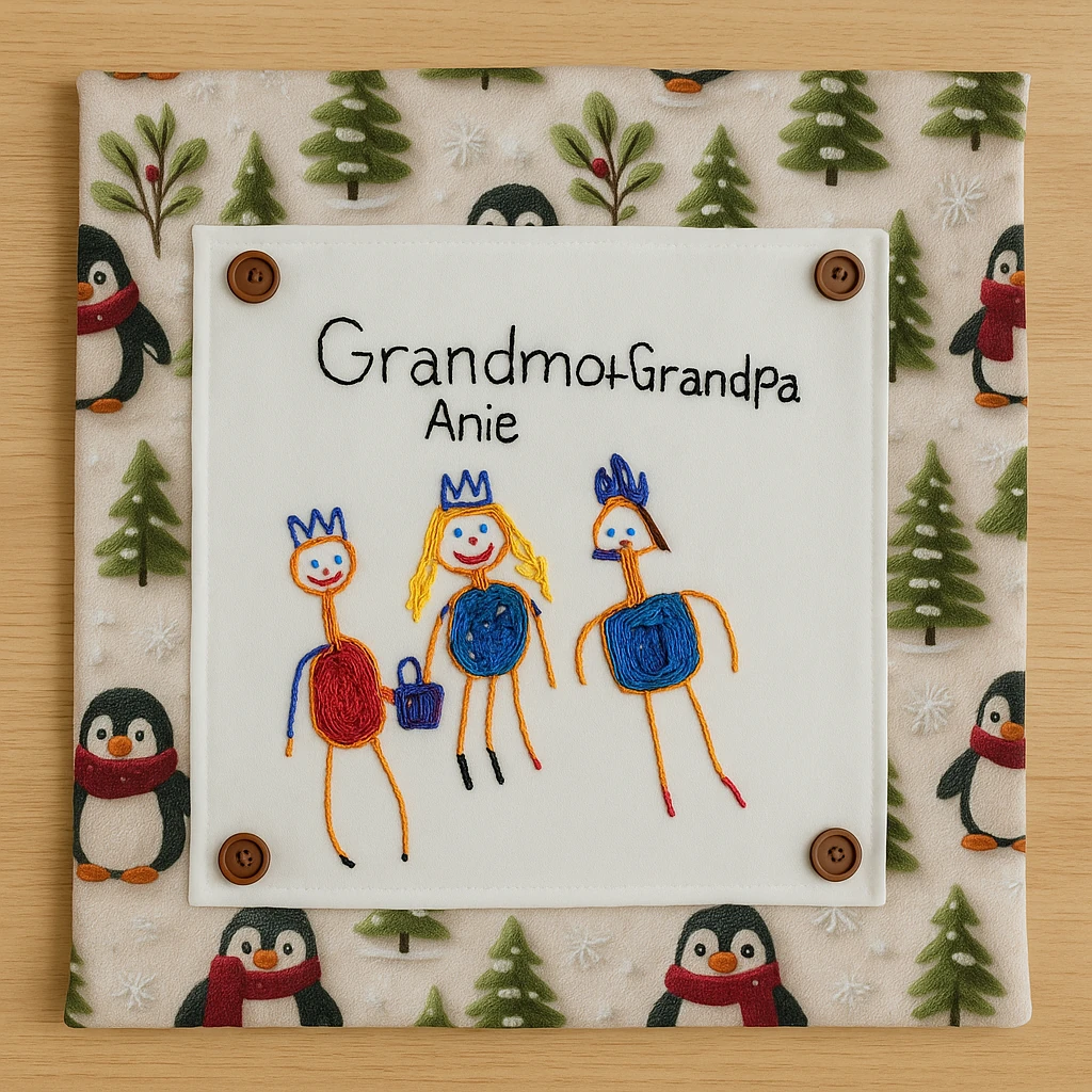 Kişiye Özel Nakışlı Noel Yastık Kılıfı – Çocuk Çizimi veya Yazı ile – Düğmeli Değiştirilebilir Panel - Penguen