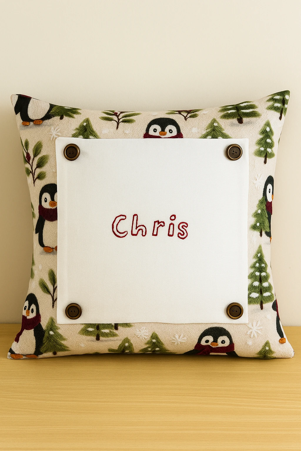 Kişiye Özel Nakışlı Noel Yastık Kılıfı – Çocuk Çizimi veya Yazı ile – Düğmeli Değiştirilebilir Panel