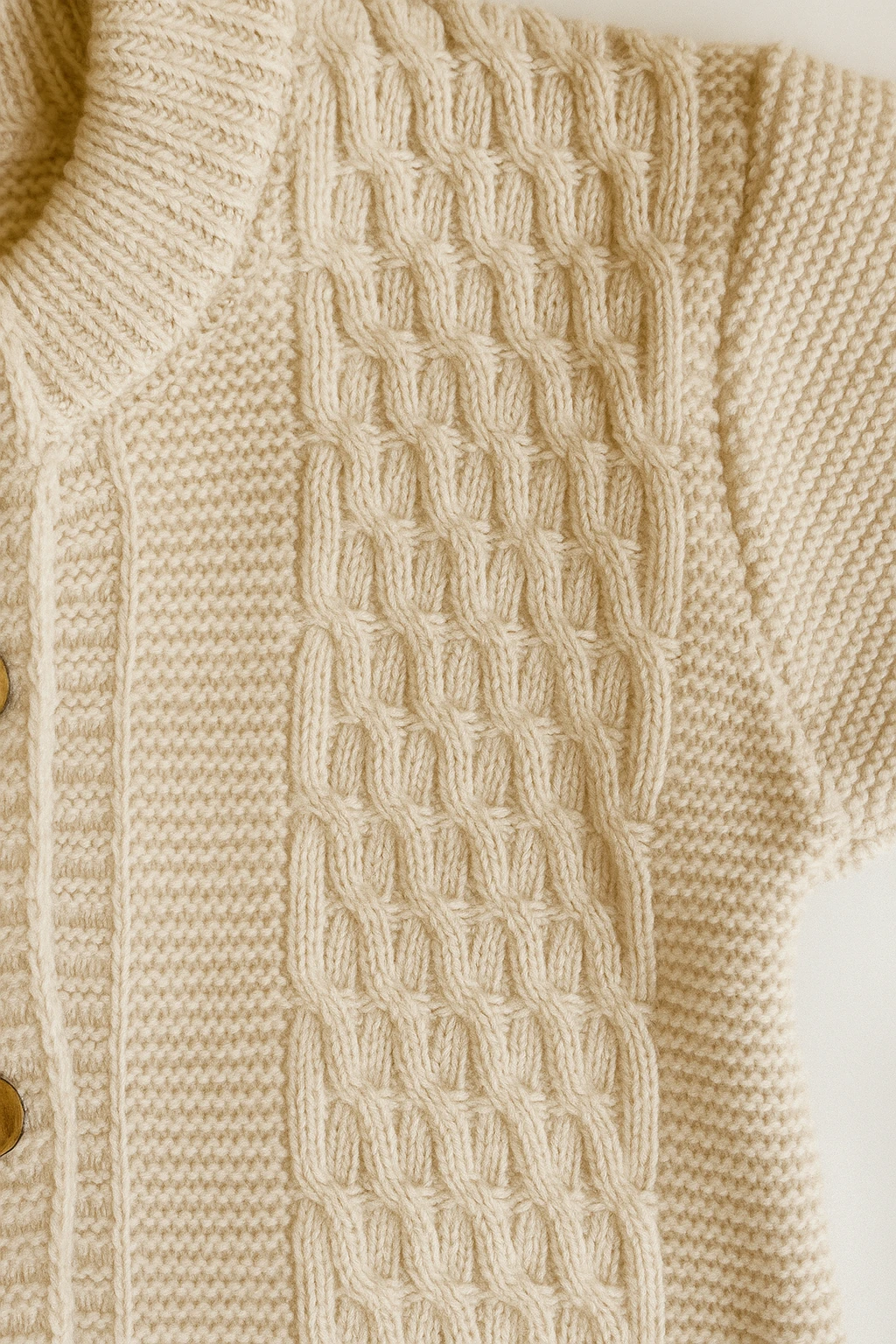 Bej Örgü Triko Bebek Seti – El Örgüsü Görünümlü Tulum & Ponponlu Şapka (2’li Set)