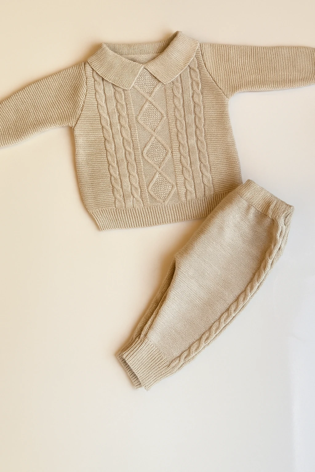 Beige Knit Pattern Baby Outfit – Vintage Textured Winter Knit Set - Light Brown
