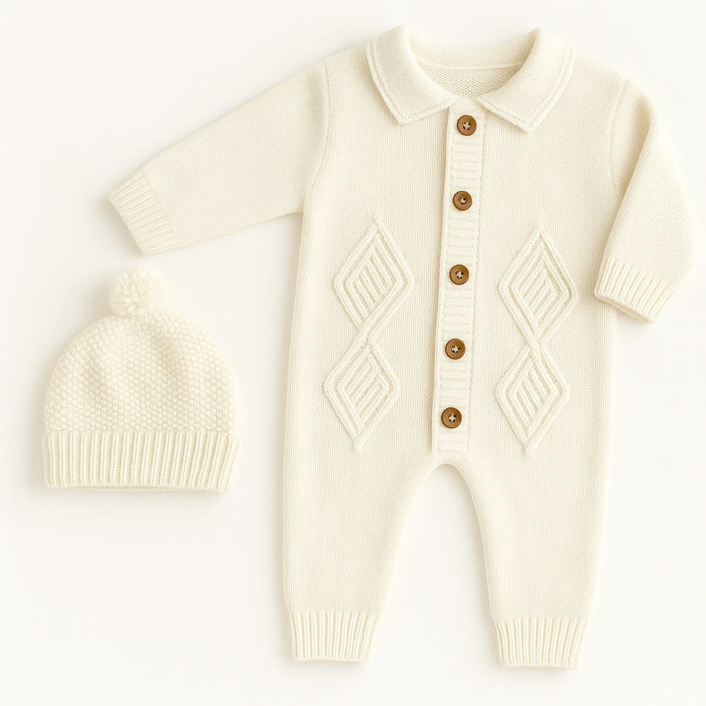 Beyaz Triko Bebek Tulum ve Şapka Seti – %100 Pamuklu, Ahşap Düğmeli, El Örgüsü Görünümlü