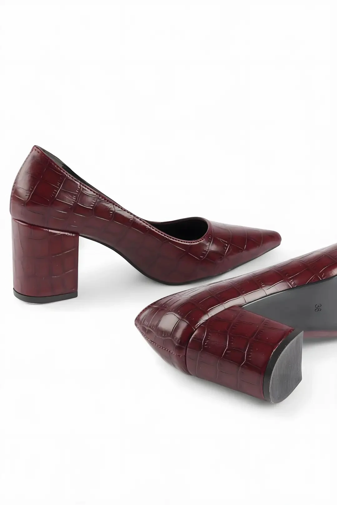 PRESTIGE  - Bordo Kroko Desenli Blok Topuklu Ayakkabı