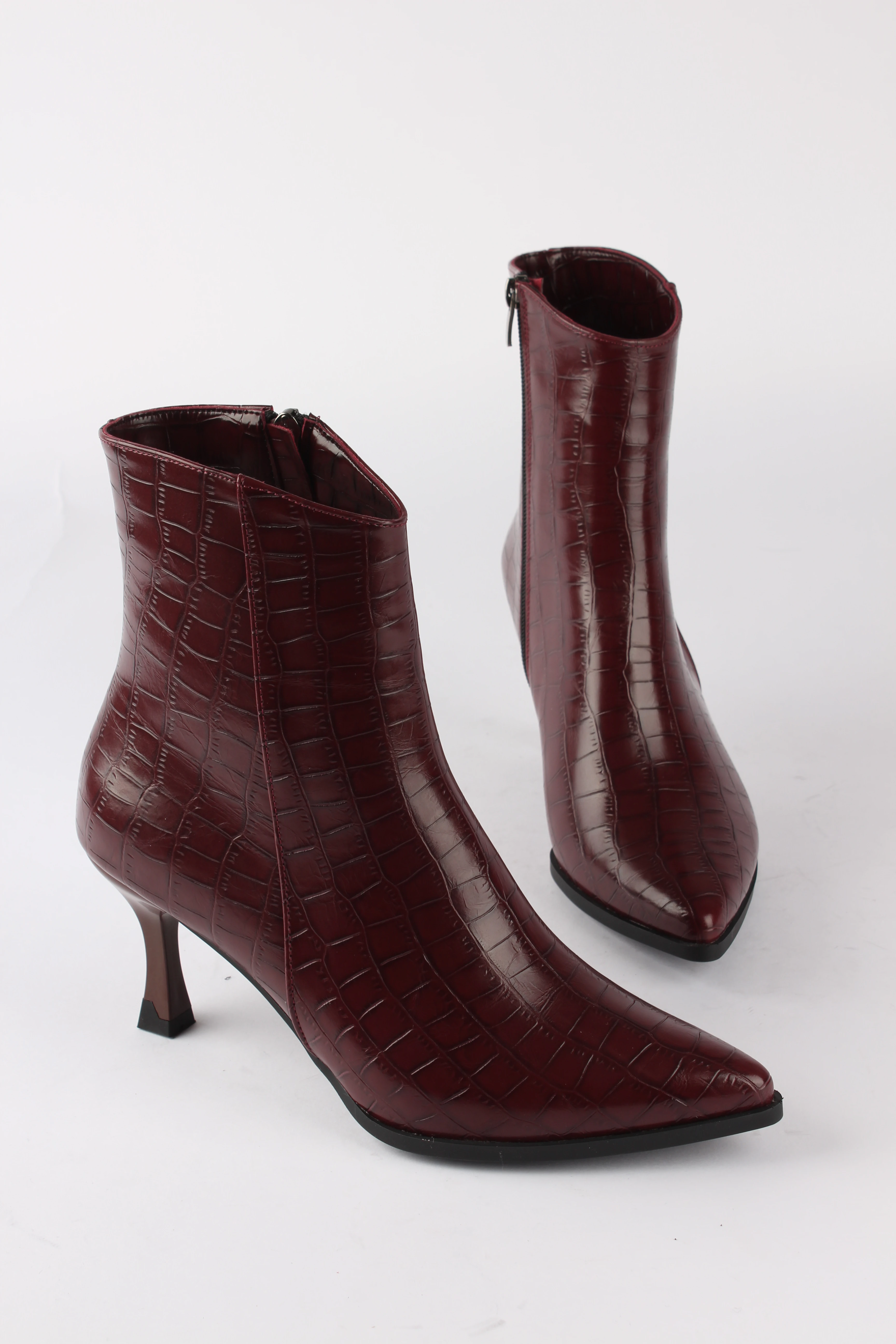 JAMALY Kroko Desenli Kadın Topuklu Bot - jamaly bordo
