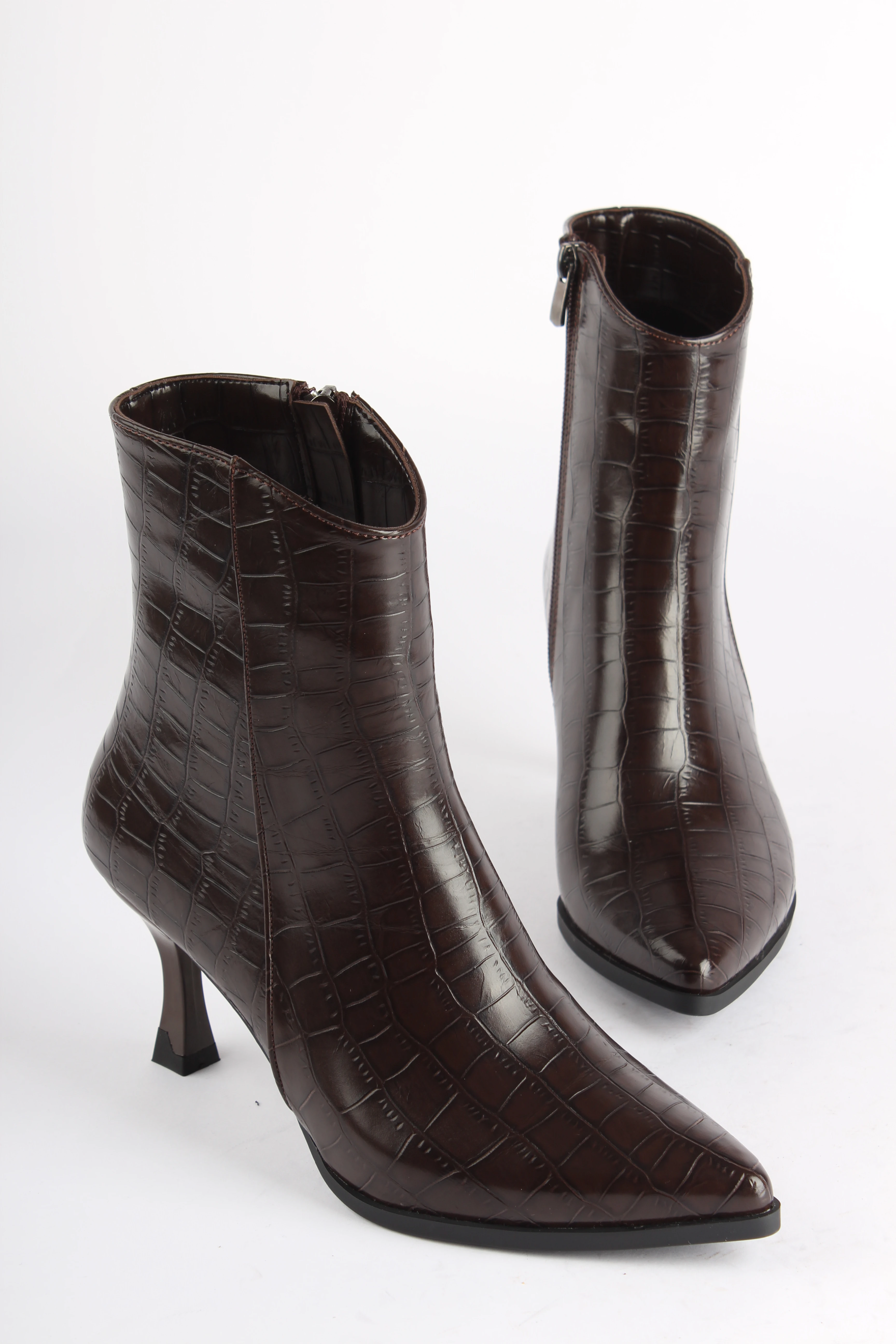 JAMALY Kroko Desenli Kadın Topuklu Bot - jamaly kahve