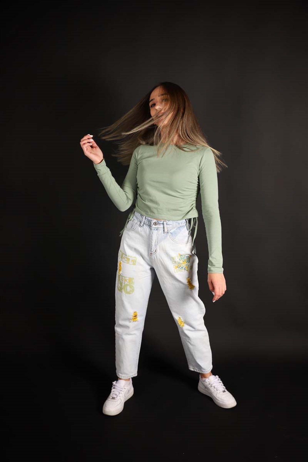 Kız Çocuk Yandan Bağlamalı Yeşil Sweat
