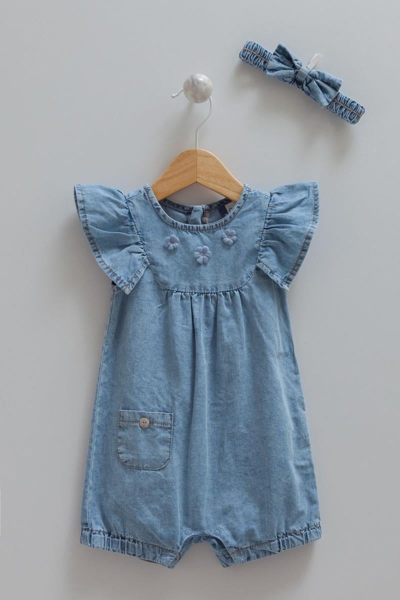 03-18 Ay Kız Bebek Mavi Renk Denim Tulum Band Set