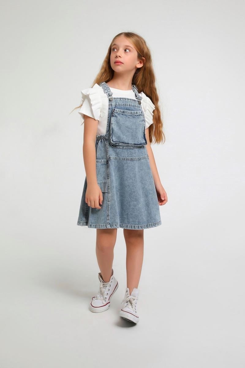 04-14 Yaş Kız Çocuk Kot Mavisi Renk Önü Cepli Denim Elbise