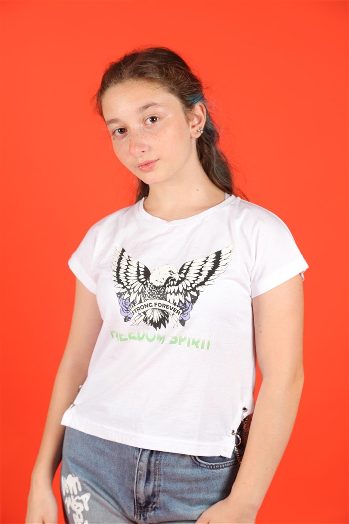 10-14 Yaş Kız Çocuk Kartal Baskılı Zincir Detaylı Beyaz Renk T-Shirt