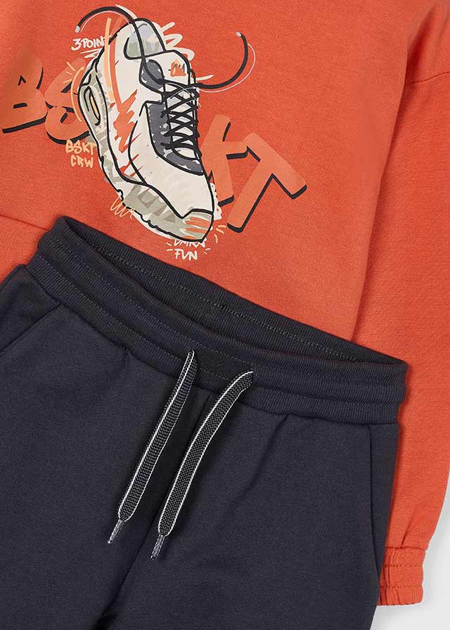 Mayoral 4-10 Yaş Erkek Çocuk Turuncu Kapüşonlu Baskılı Sweatshirt ve Siyah Eşofman Altı Takımı