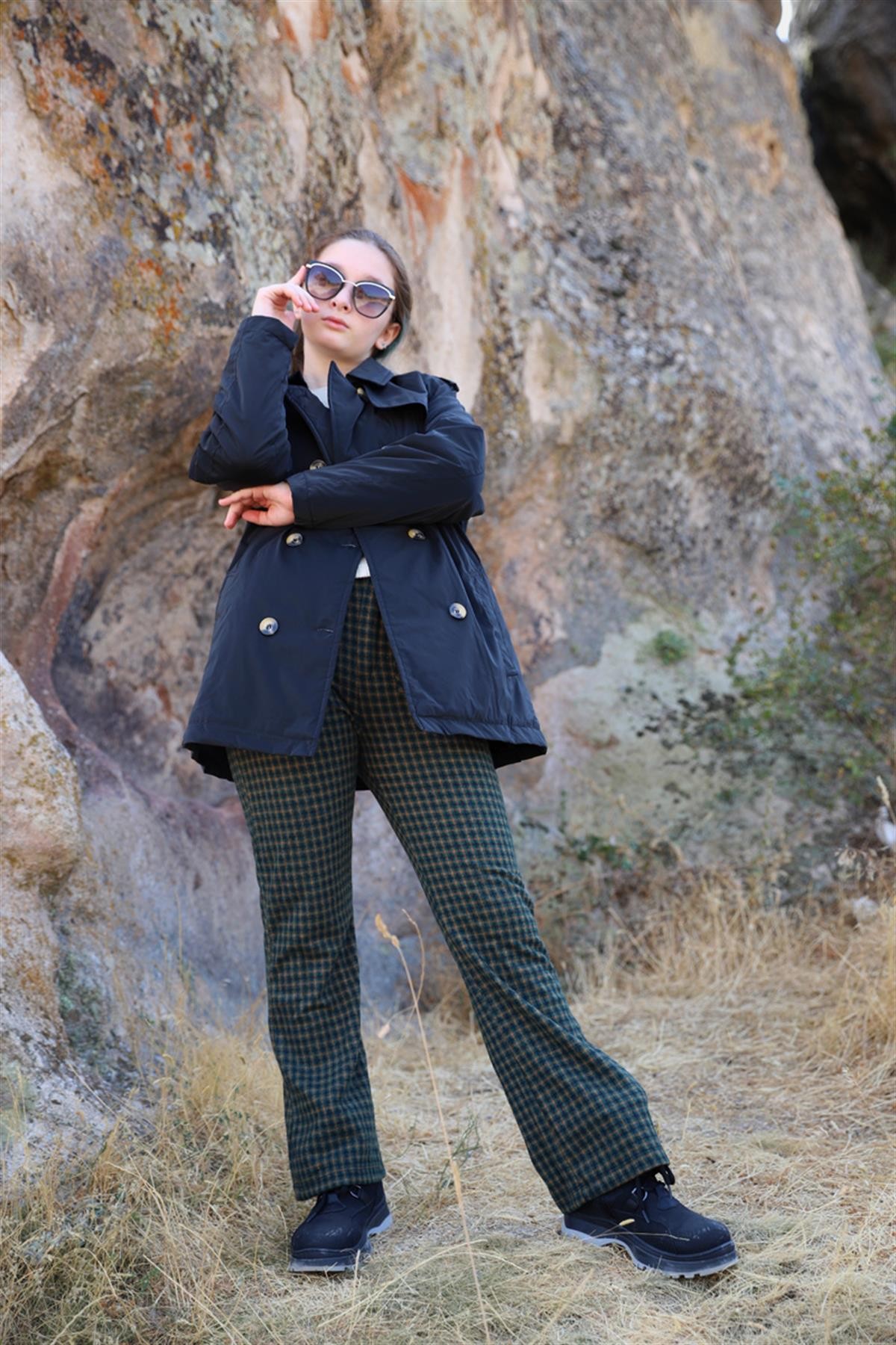 05-14 Yaş Kız Çocuk Yeşil Renk Ekose Vintage Pantolon