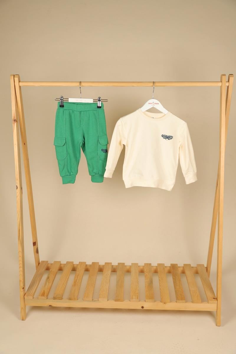 09-36 Ay Erkek Bebek Ekru-Yeşil Renk Olympic Sweat Pantolon Takım