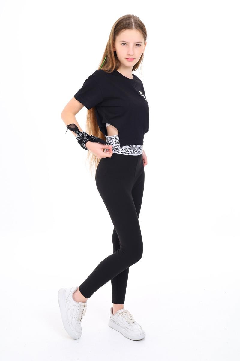 09-15 Yaş Kız Çocuk Siyah Renk Beli Lastik Detaylı Tayt