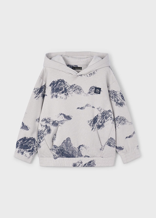 Mayoral Erkek Çocuk Gri Kapüşonlu Dağ Baskılı Sweatshirt | 4-10 Yaş, Kanguru Cepli, Lastikli