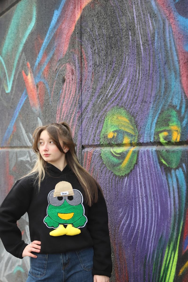 05-14 Yaş Kız Çocuk Siyah Renk Emoji Kapşonlu Sweat