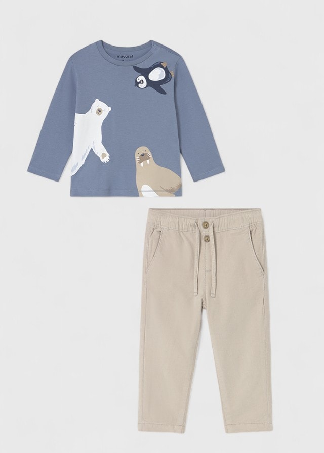 MAYORAL NORTH UZUN KOL SWEAT İÇİ ASTARLI KADİFE PANTOLON TAKIM (01-04 YAŞ ARASI) - BEJ/MAVİ