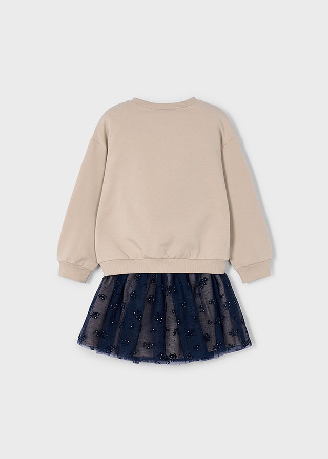 Mayoral 4-10 Yaş Kız Çocuk Bej Baskılı Sweatshirt ve Lacivert Tütü Etek Takımı