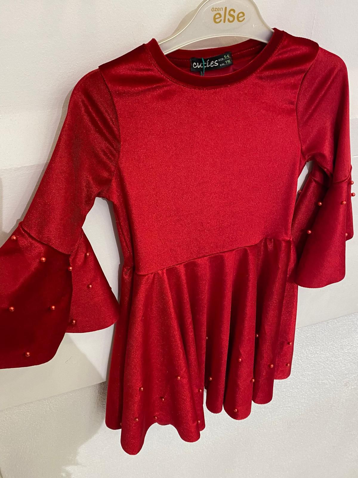 04-12 YAŞ İNCİLİ KADİFE ELBİSE - KIRMIZI