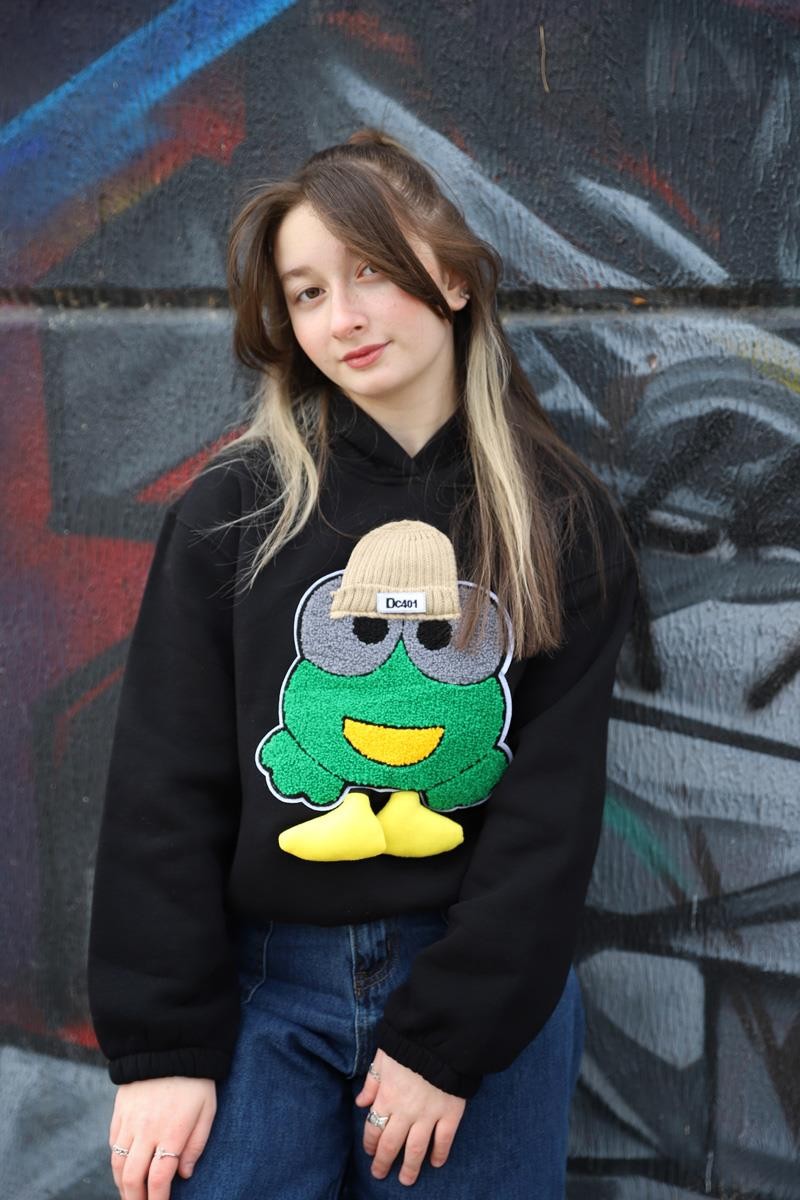 05-14 Yaş Kız Çocuk Siyah Renk Emoji Kapşonlu Sweat