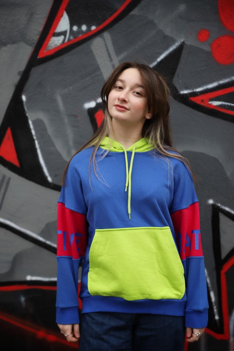 09-15 Yaş Kız Çocuk Saks Renk Kanguru Cep Kapüşonlu Sweat