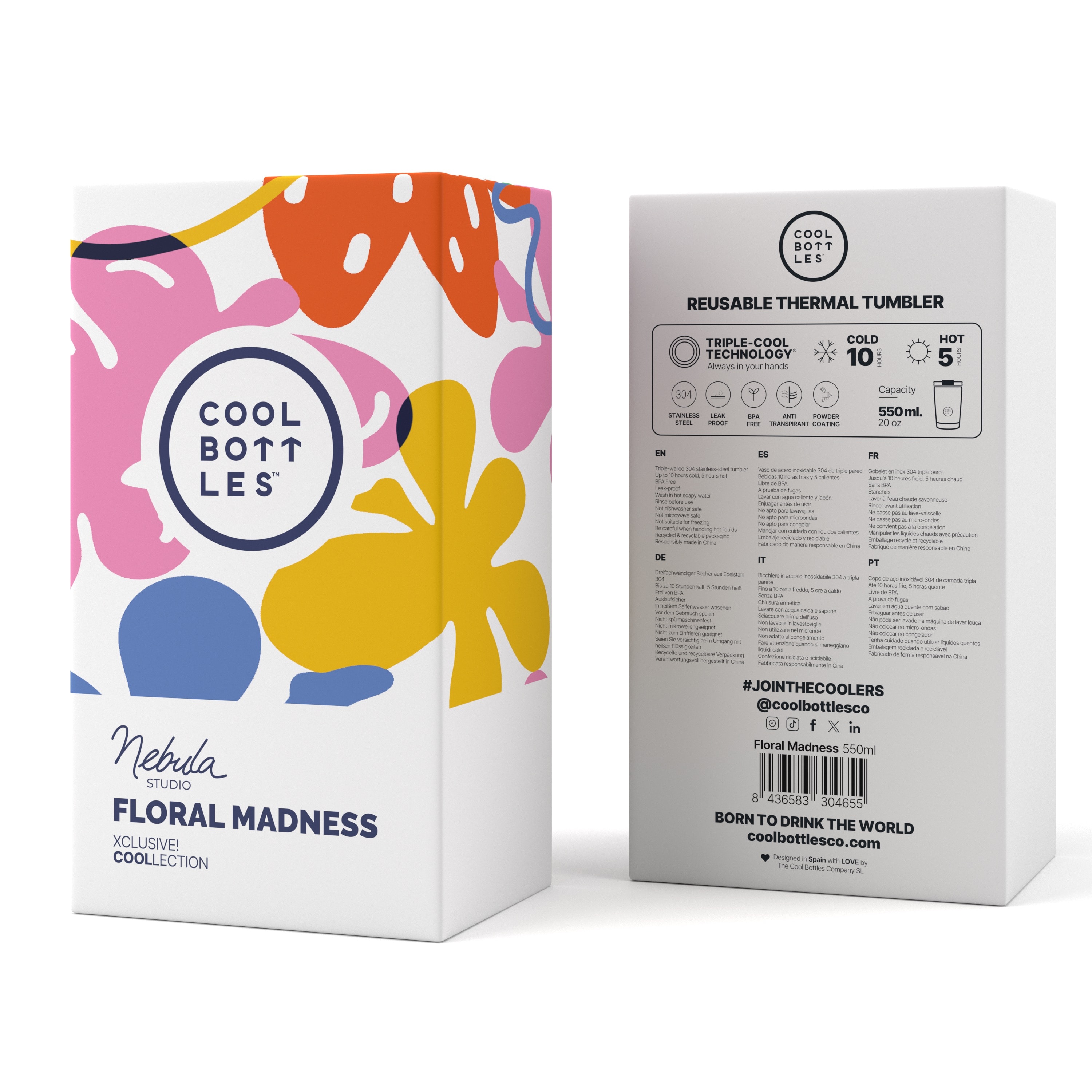 Cool Bottles Nebula Floral Madness 550 ml Çelik Suluk – Renkli, Isı Korumalı