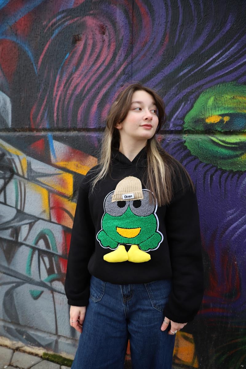 05-14 Yaş Kız Çocuk Siyah Renk Emoji Kapşonlu Sweat