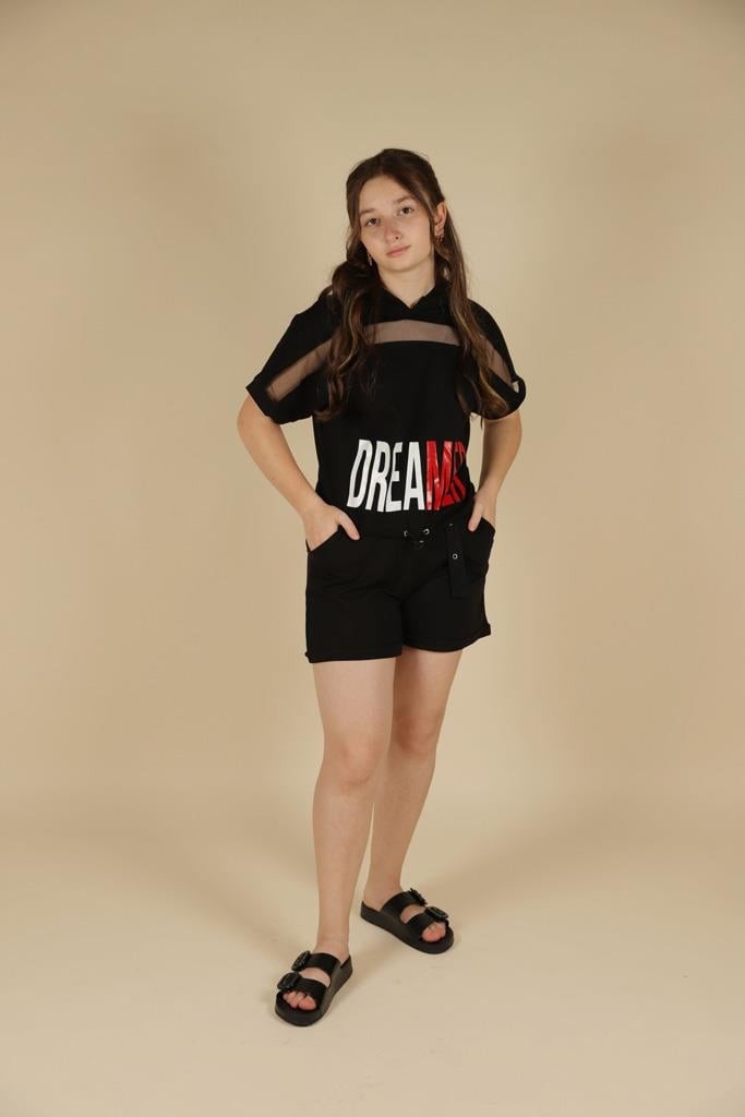 09-14 Yaş Kız Çocuk Siyah Renk Dreamer Kapşonlu T-Shirt