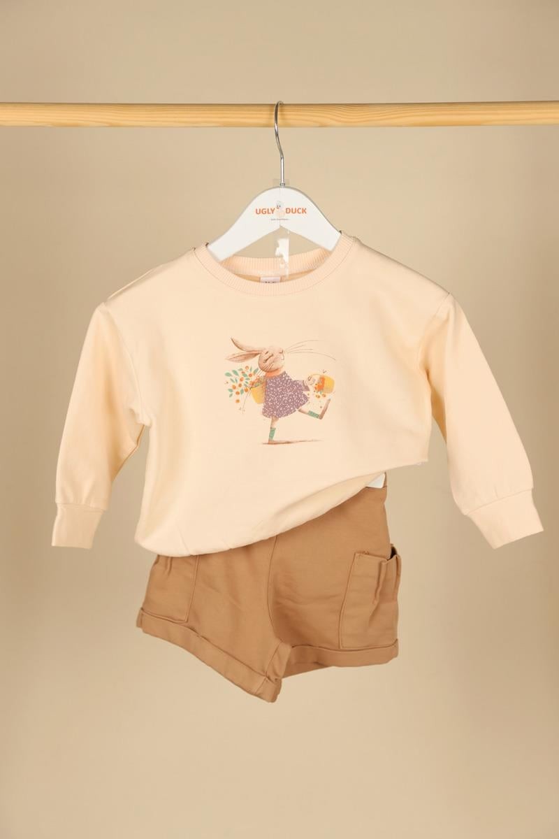09-36 Ay Kız Bebek Krem-Kahve Renk Tavşanlı Sweat Şort Takım