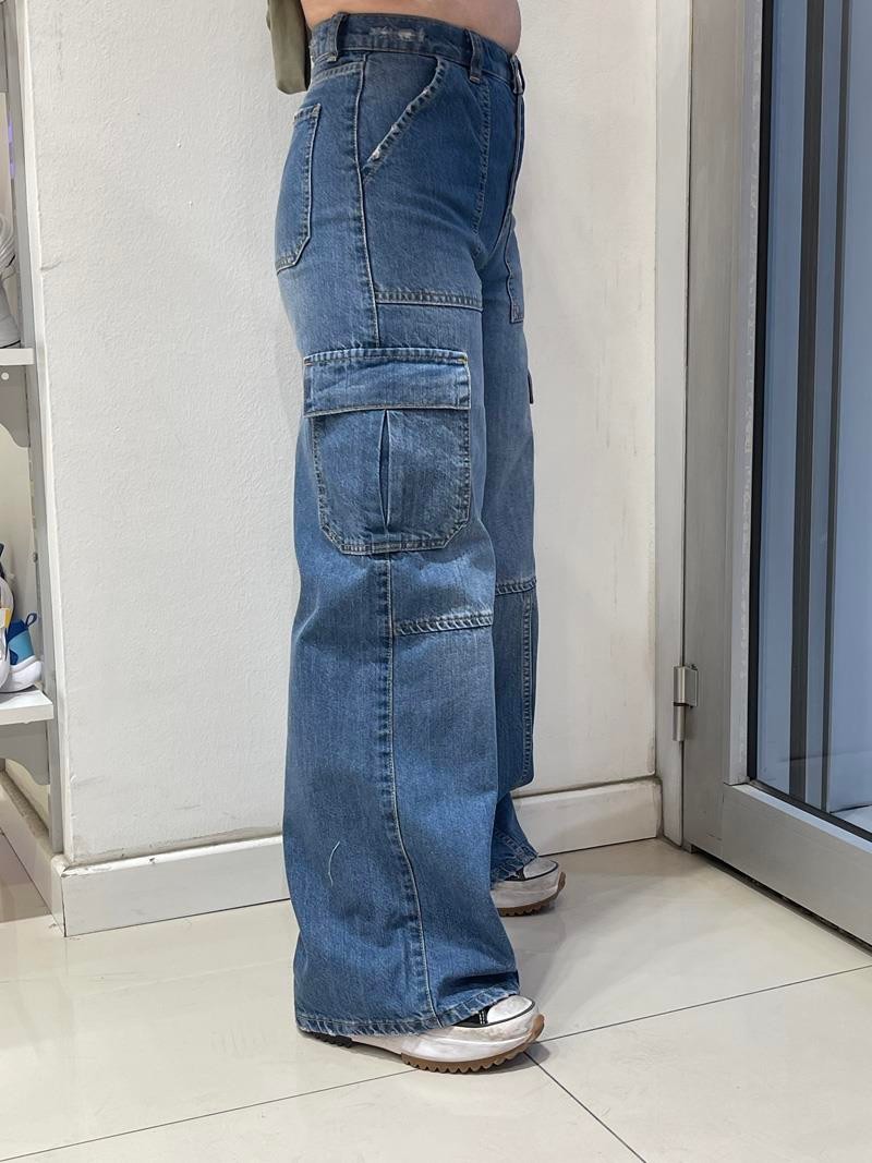 08-14 Kız Çocuk Kot Mavisi Renk Kargo Cep Denim Pantolon