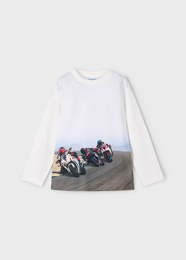 Mayoral 4-10 Yaş Erkek Çocuk Motosiklet Yarışı Baskılı Bisiklet Yaka Uzun Kollu T-Shirt | %100 Pamuk