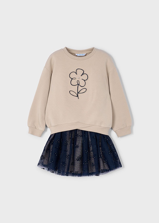 Mayoral 4-10 Yaş Kız Çocuk Bej Baskılı Sweatshirt ve Lacivert Tütü Etek Takımı
