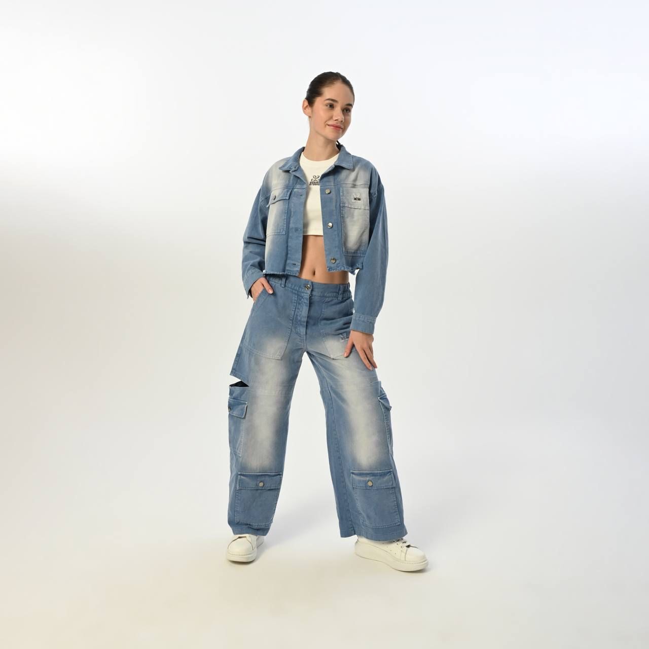 09-15 YAŞ KIZ ÇOCUK CEPLİ GABARDİN PANTOLON - MAVİ