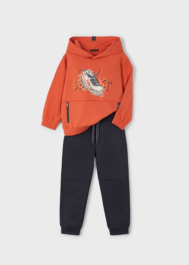 Mayoral 4-10 Yaş Erkek Çocuk Turuncu Kapüşonlu Baskılı Sweatshirt ve Siyah Eşofman Altı Takımı
