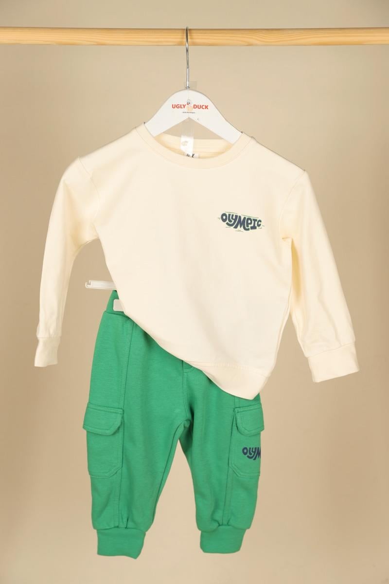 09-36 Ay Erkek Bebek Ekru-Yeşil Renk Olympic Sweat Pantolon Takım