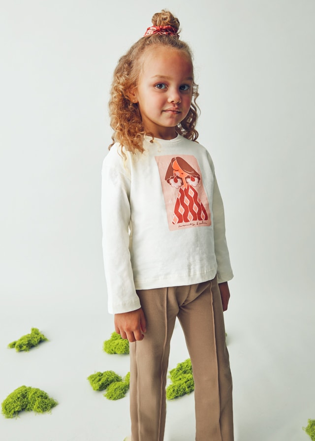 Mayoral Kız Çocuk 2’li Set (4-10 Yaş) – Krem Renk Baskılı Pamuk Bluz ve Çiçek Desenli Tokalı Set