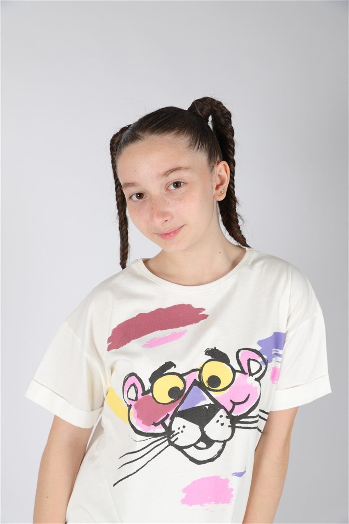 04 - 14 Yaş Kız Çocuk Pembe Panter T-Shirt