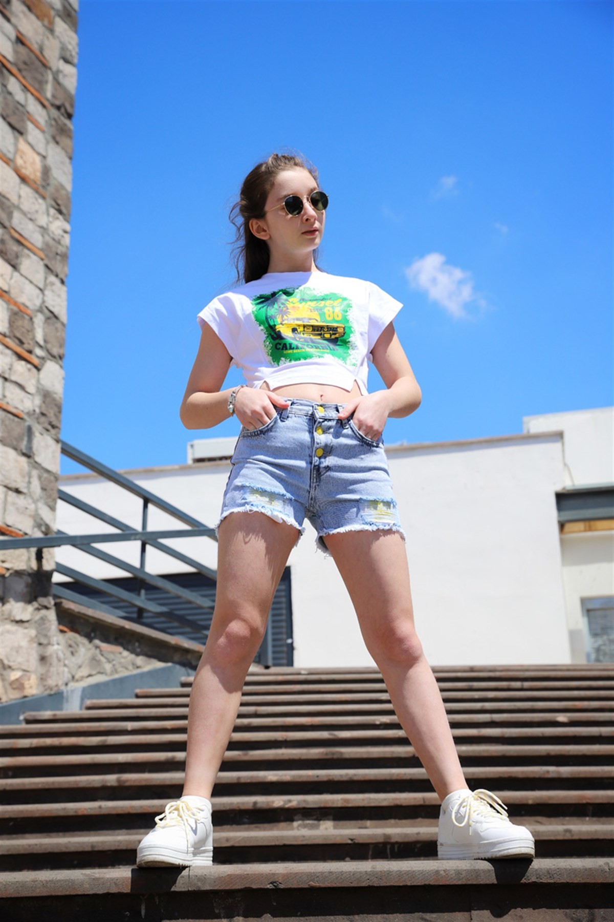 09-14 Yaş Kız Çocuk Beyaz Sunset T-shirt