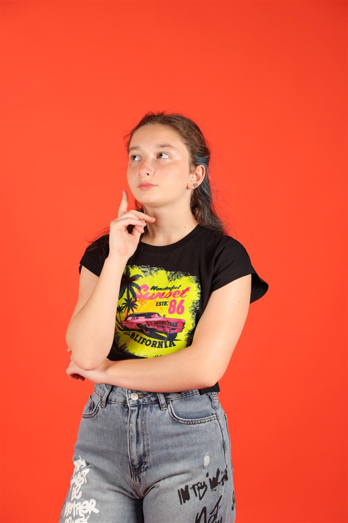 09-14 Yaş Kız Çocuk Siyah Sunset T-shirt