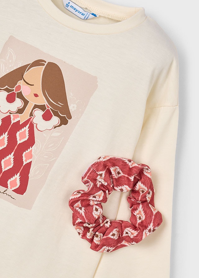 Mayoral Kız Çocuk 2’li Set (4-10 Yaş) – Krem Renk Baskılı Pamuk Bluz ve Çiçek Desenli Tokalı Set