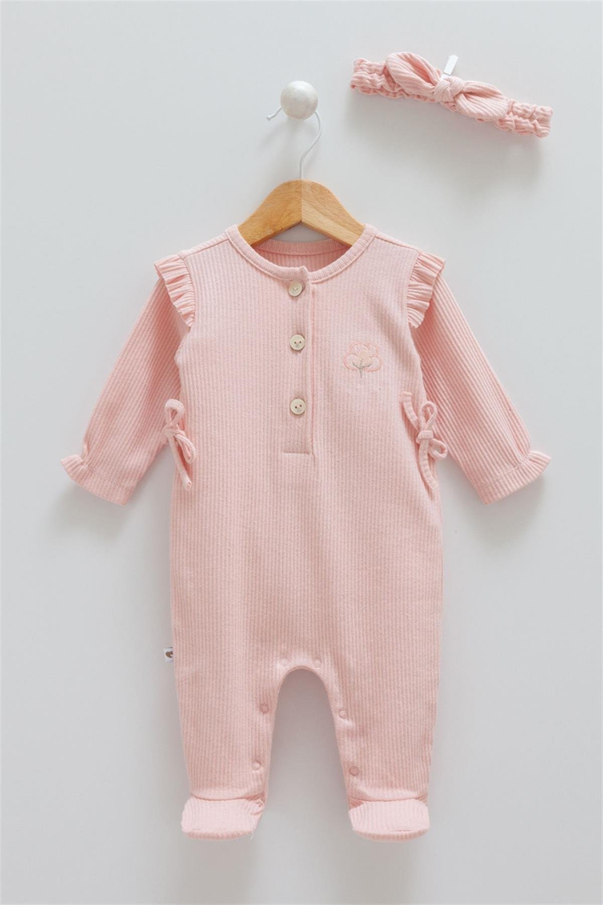 01-12 Ay Kız Bebek Somon Renk Düğmeli Tulum Set