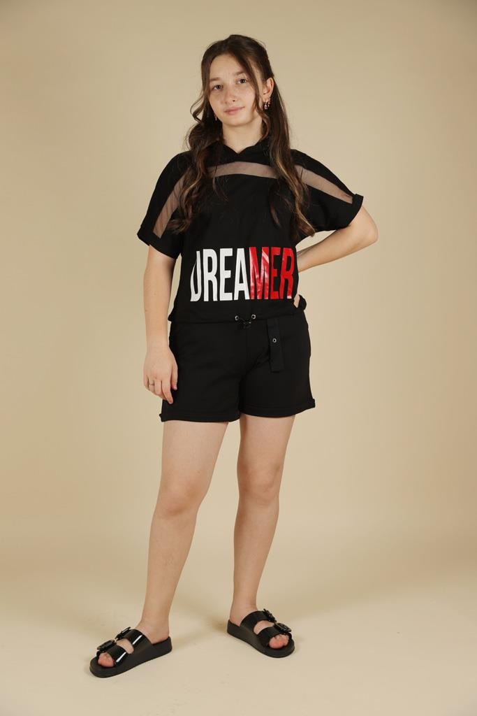 09-14 Yaş Kız Çocuk Siyah Renk Dreamer Kapşonlu T-Shirt