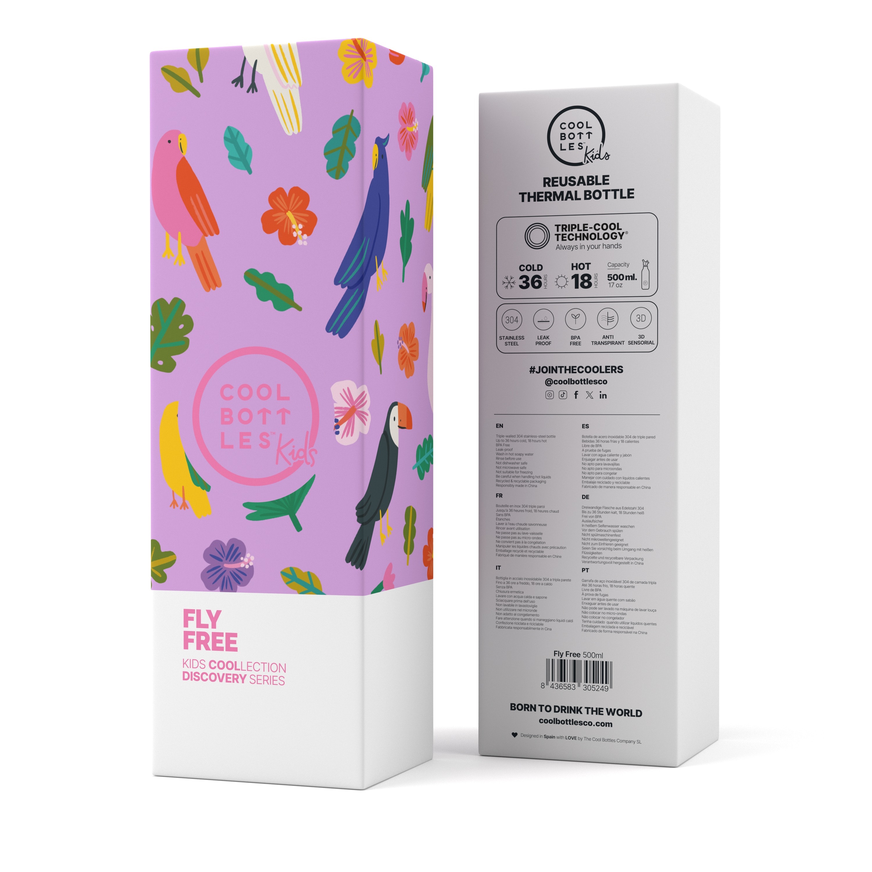 COOL BOTTLES DISCOVERY SERİSİ FLY FREE ÇELİK SULUK 500ML - LİLA | Çocuklar İçin Paslanmaz Çelik Suluk