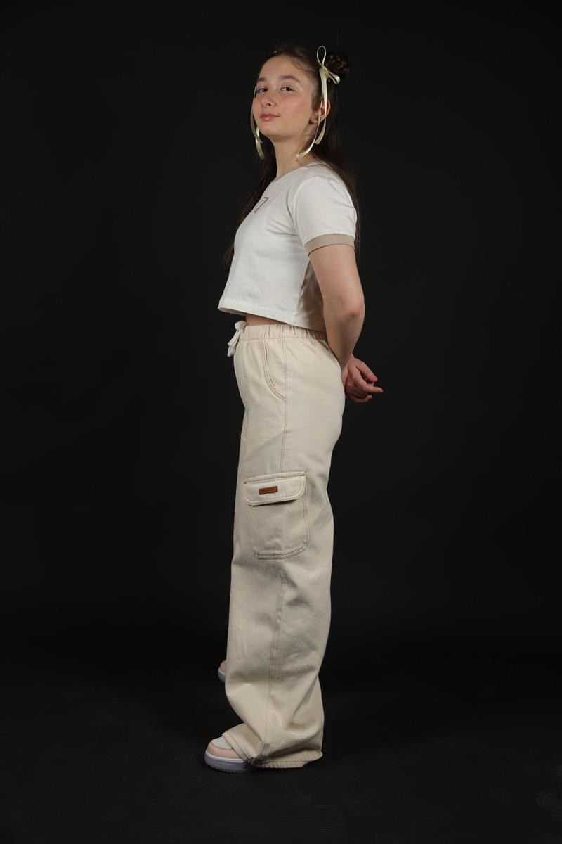 08-14 Kız Çocuk Bej Renk Beli Lastikli Denim Pantolon