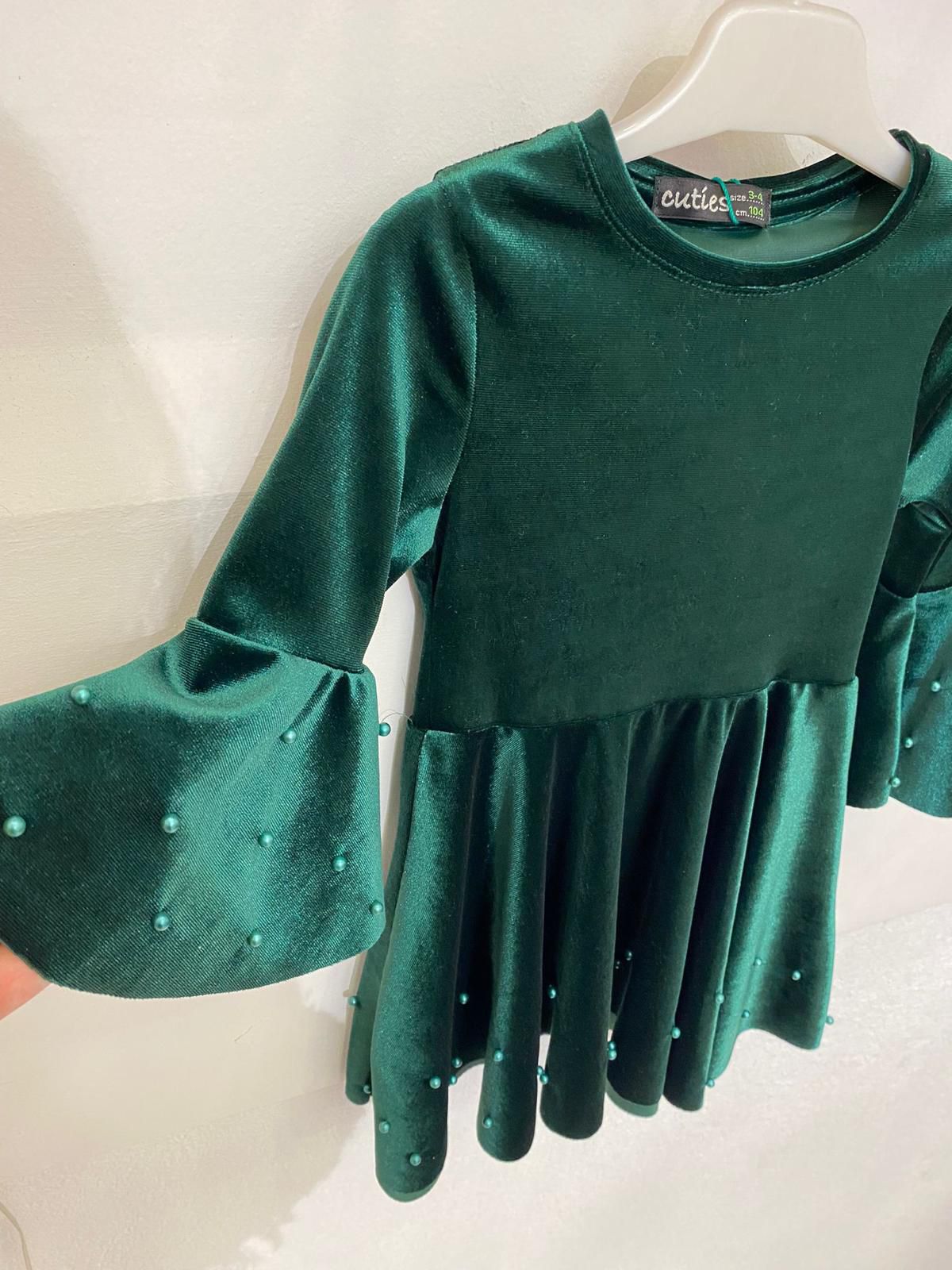 04-12 YAŞ İNCİLİ KADİFE ELBİSE - YEŞİL