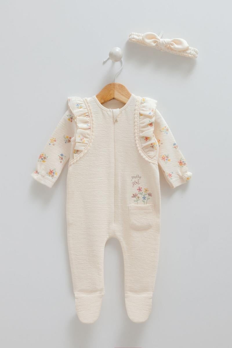 0-9 Ay Kız Bebek Ekru Renk Fermuarlı Tulum Band Set