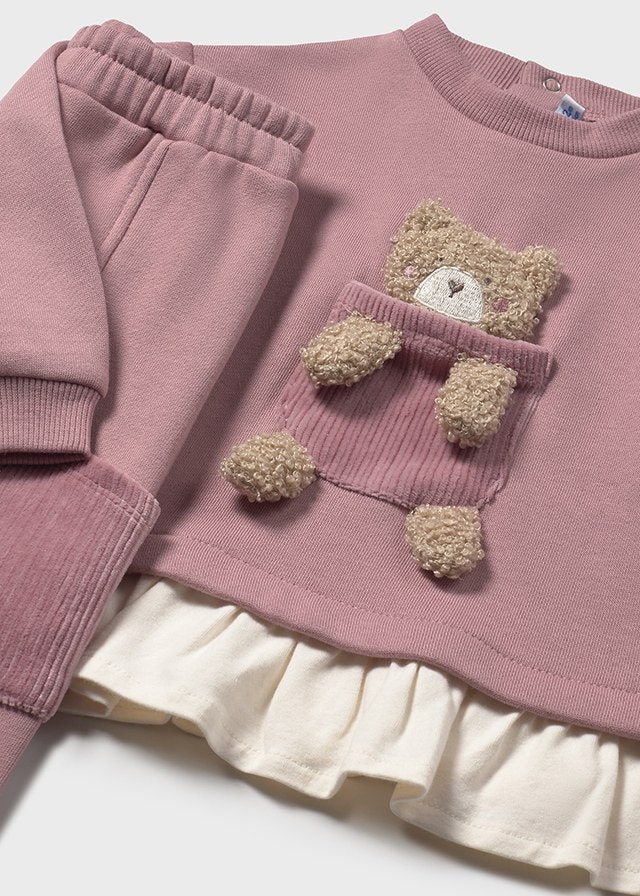 Mayoral 1-4 Yaş Kız Bebek Pembe Renk Ayıcık Detaylı Sweat ve Pantolon Takımı