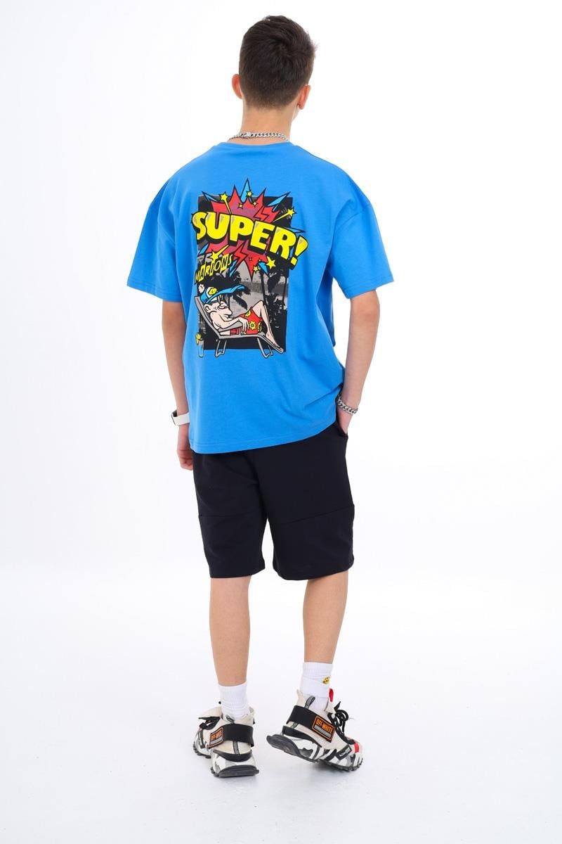 09-15 Yaş Erkek Çocuk Mavi Renk Super Baskılı T-Shirt