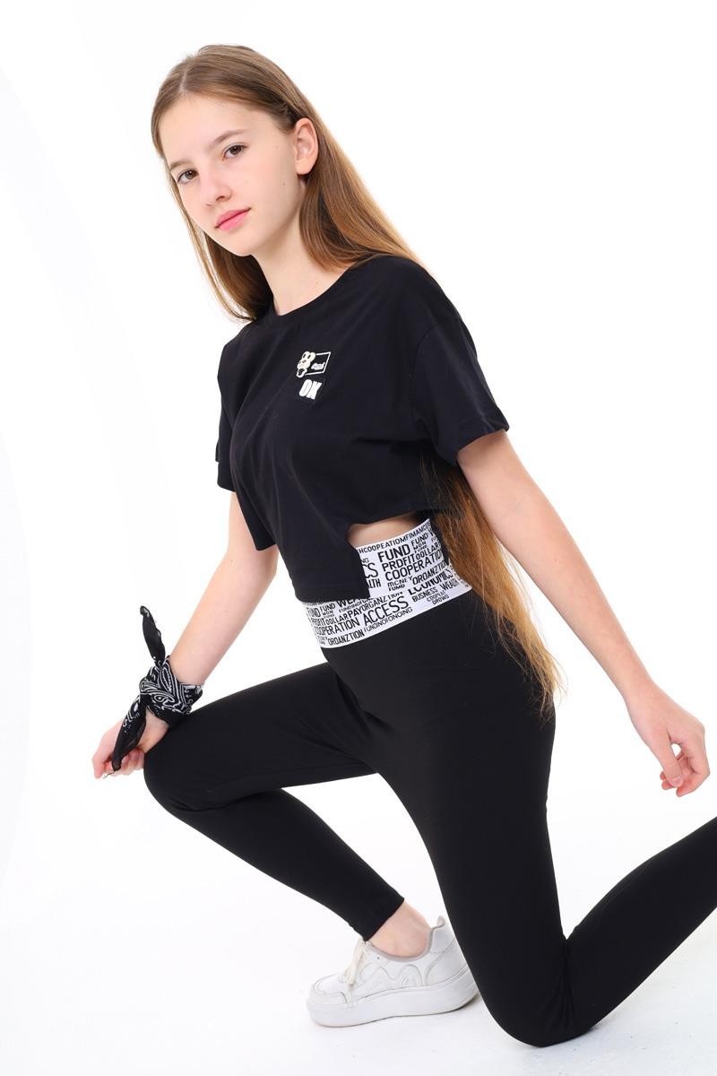 09-15 Yaş Kız Çocuk Siyah Renk Beli Lastik Detaylı Tayt