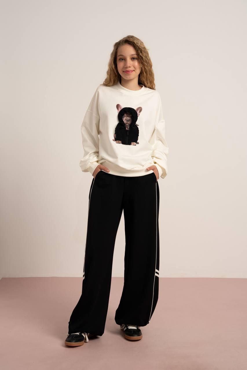 Locoloco Kız Çocuk Sweatshirt - Ekru, Köpek Baskılı (9-15 Yaş)